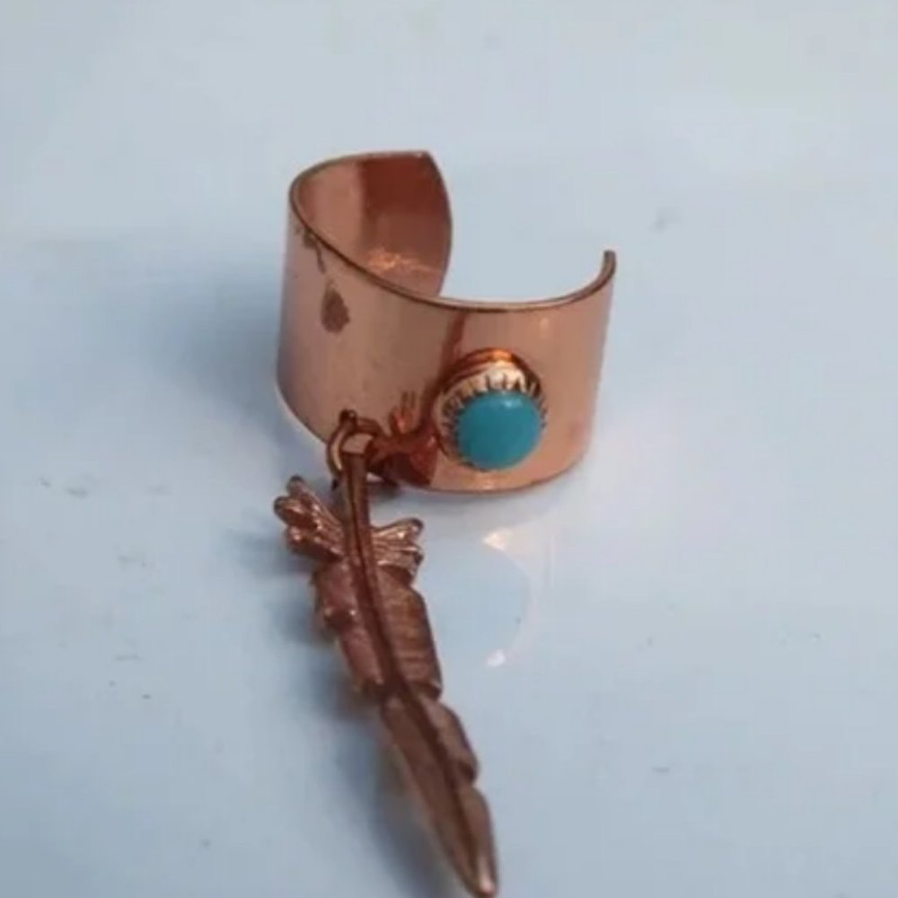 Boho Style Copper Ear Cuff With Turquoise and Dangle Feather Jewelry